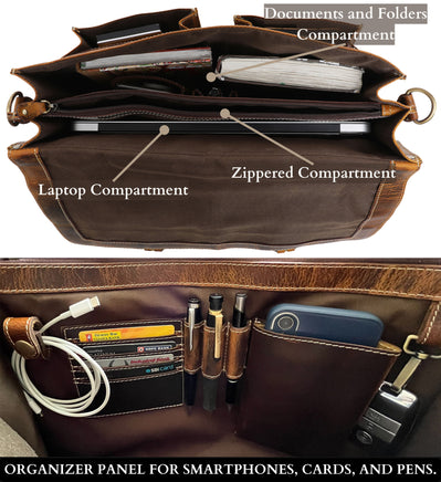 Genuine Buffalo Leather Convertible Satchel Briefcase (16 Inch) with internal compartments